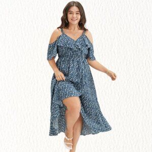 NWT ~ BLOOMCHIC Ditsy Floral Pocket Wrap Cold Shoulder Ruffle Dress ~ Blue ~ 3X